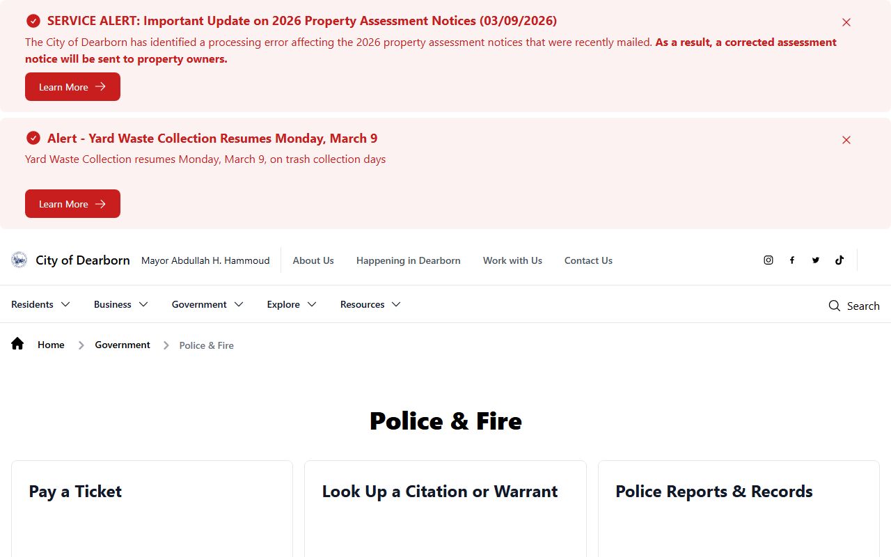 Dearborn Police Department homepage showing released inmates contact information