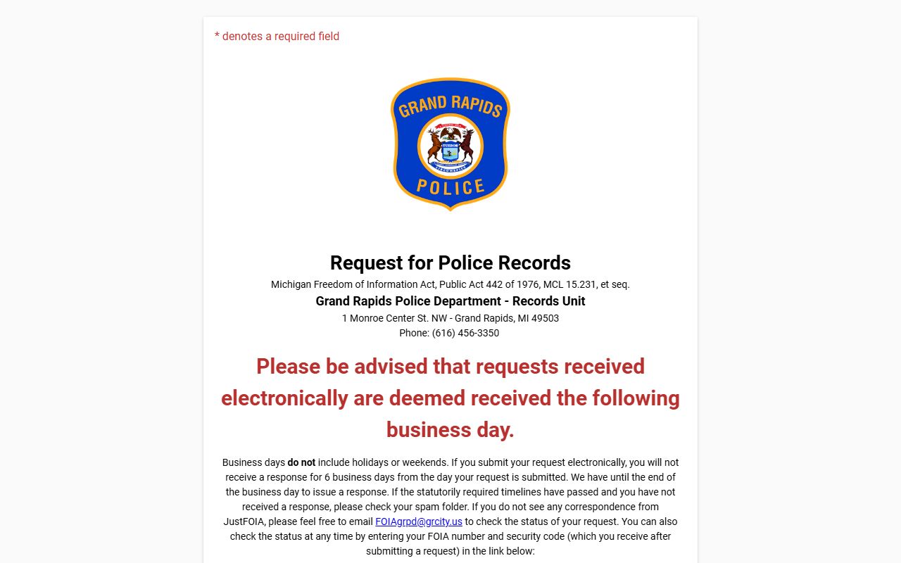 Grand Rapids JustFOIA online submission form for released inmates records