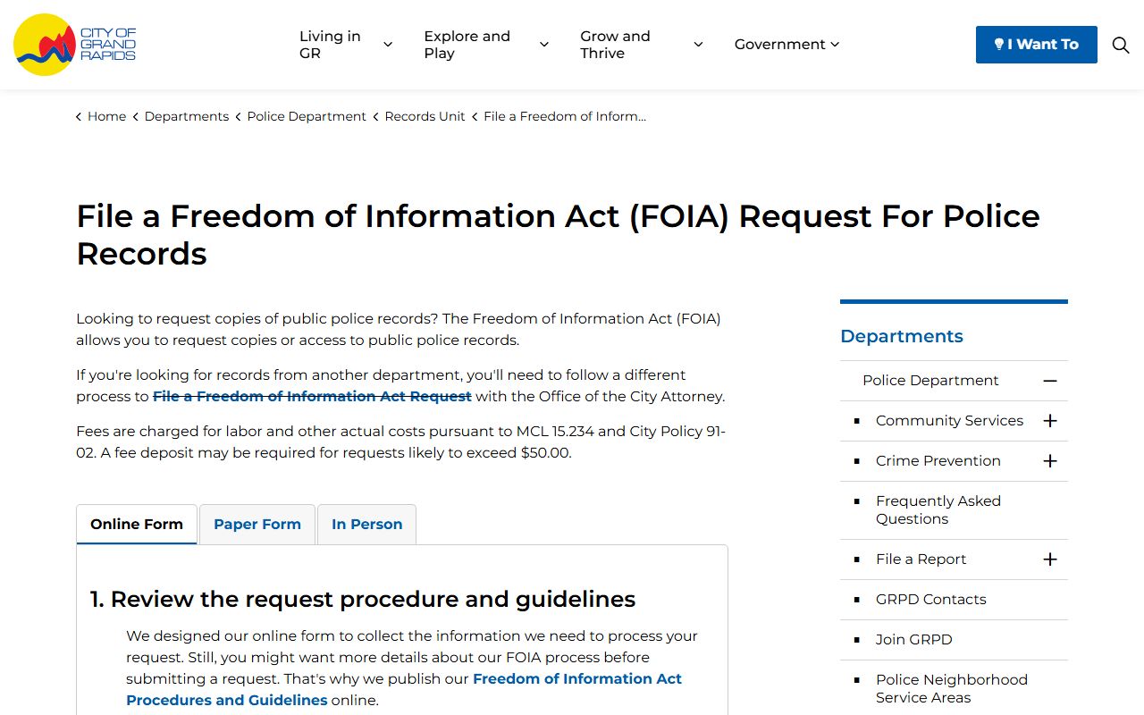 Grand Rapids FOIA request page for released inmates records