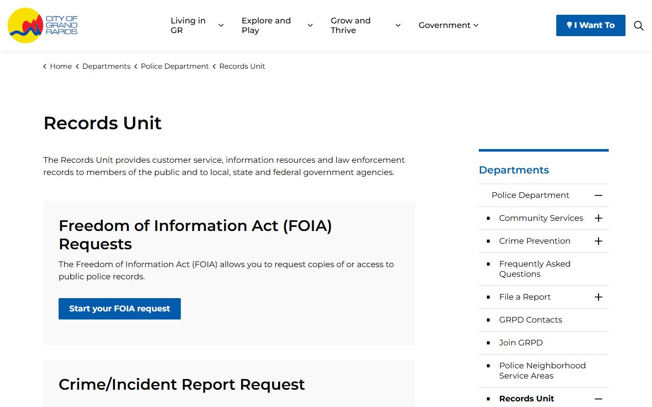 Grand Rapids Records Unit page for released inmates and police records