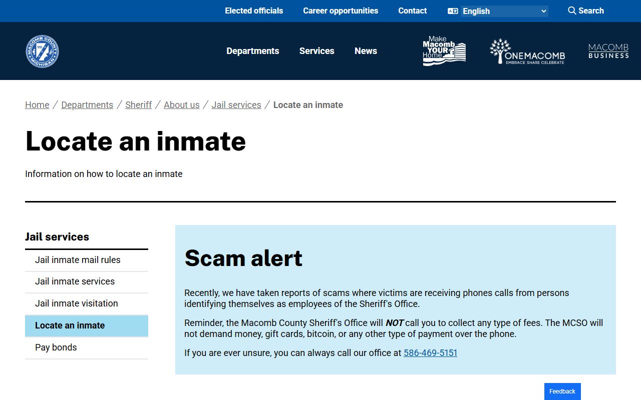 Macomb County inmate locator search page for released inmates