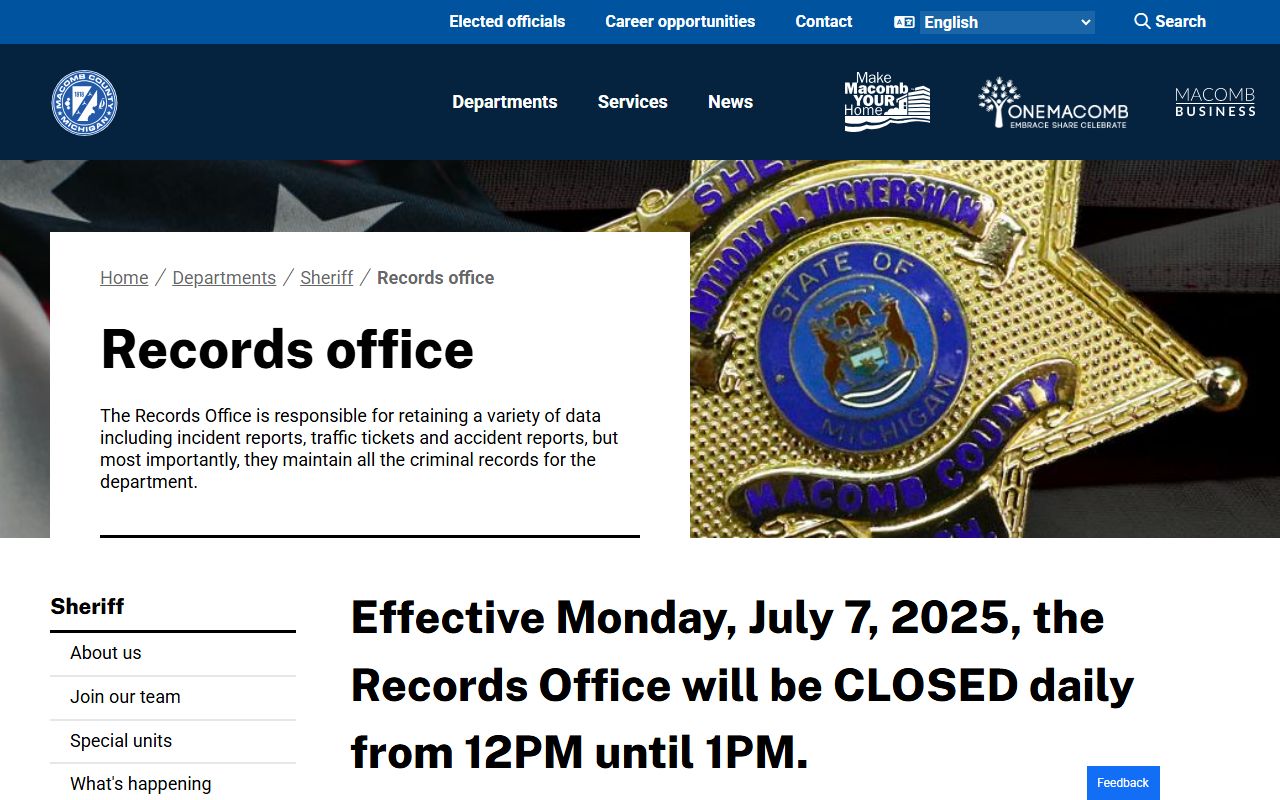 Macomb County records office page for released inmates records