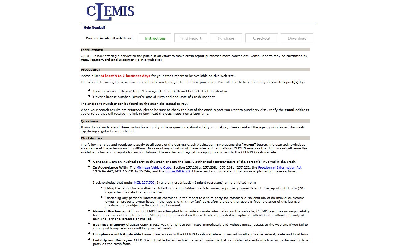 CLEMIS crash report purchase system for Troy records