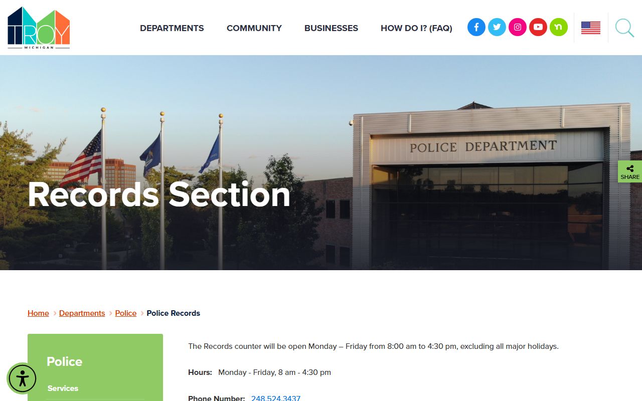 Troy Police Department records page for released inmates requests
