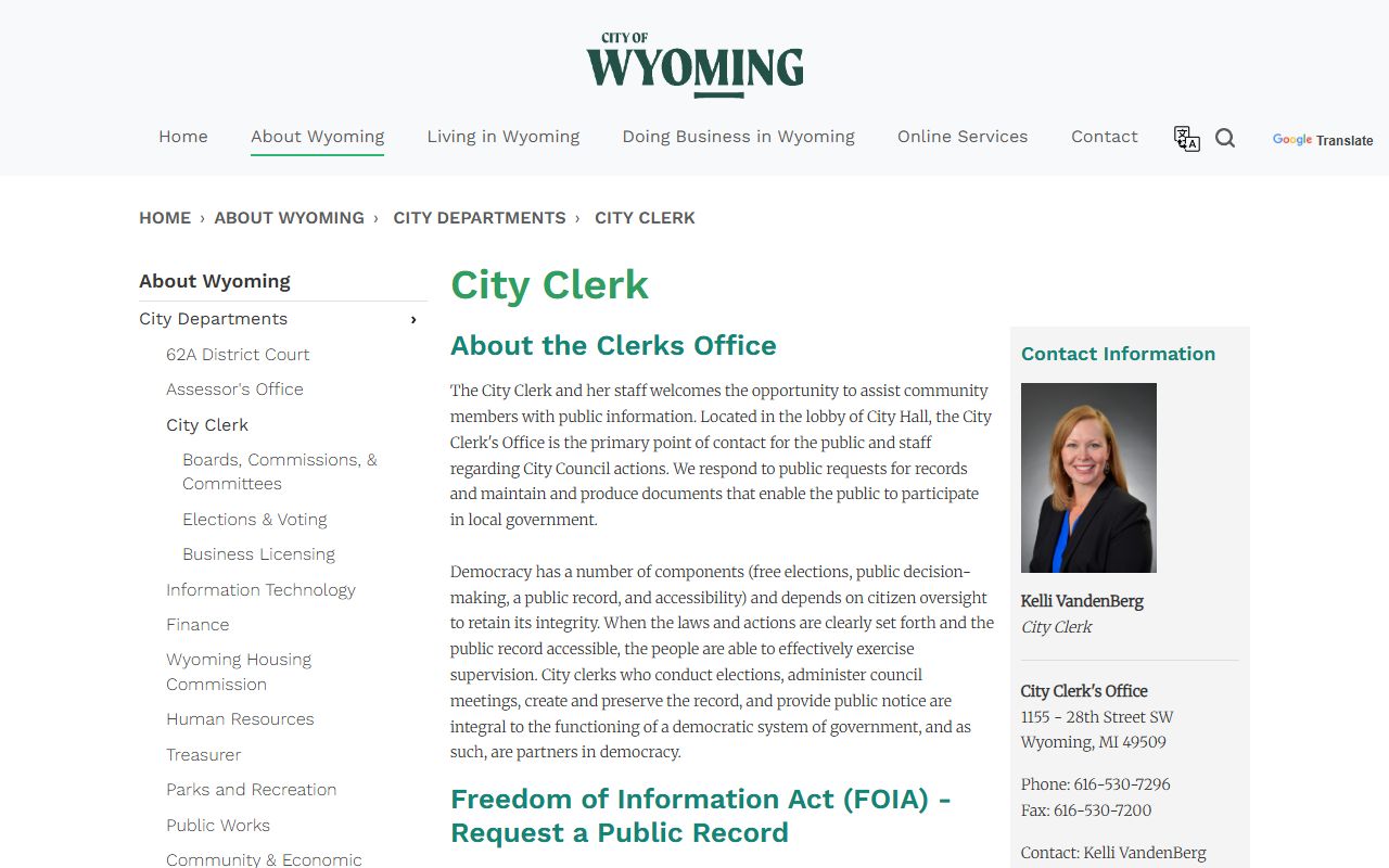 Wyoming City Clerk FOIA coordinator page for released inmates records