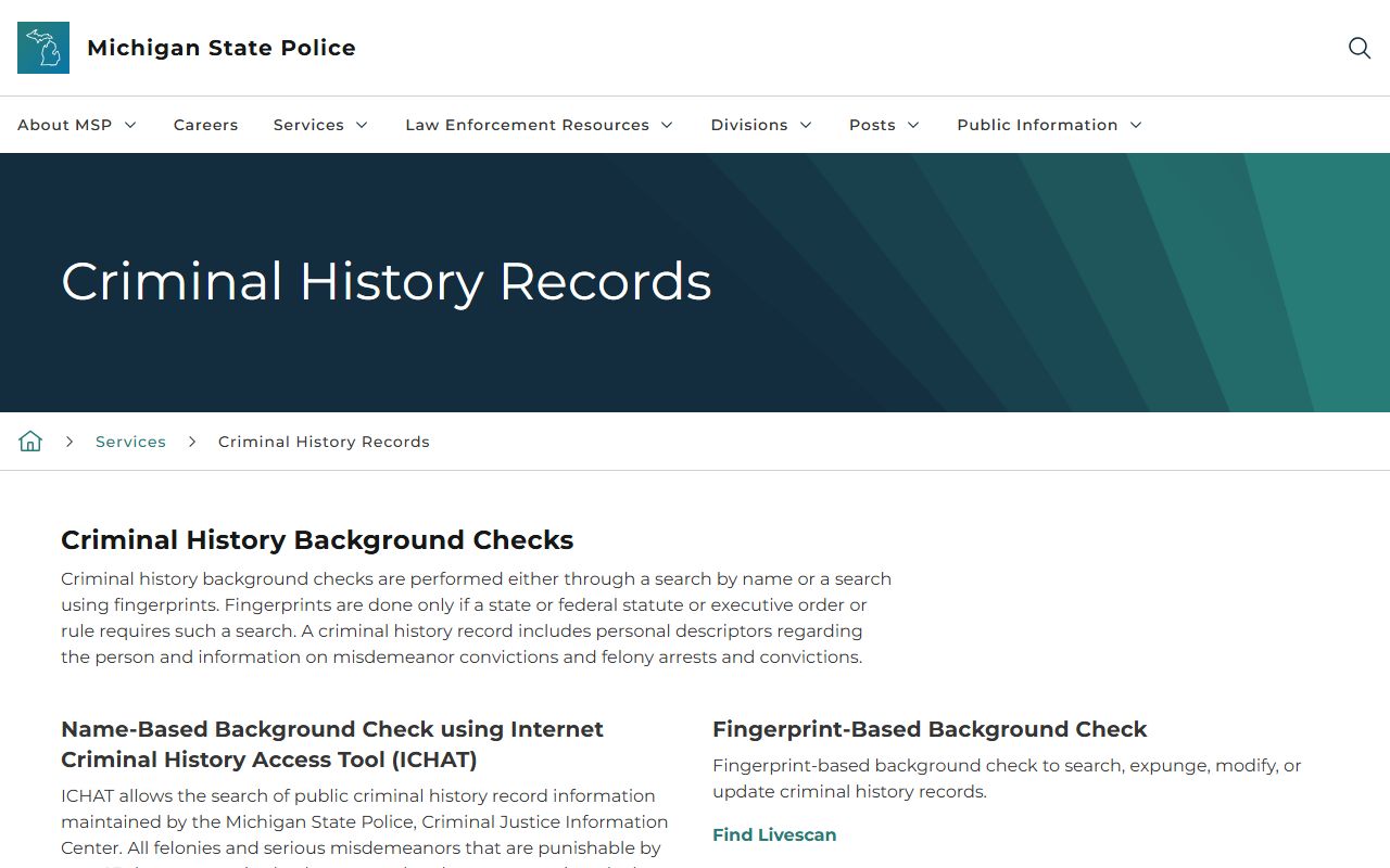 Michigan State Police criminal history page for released inmates records