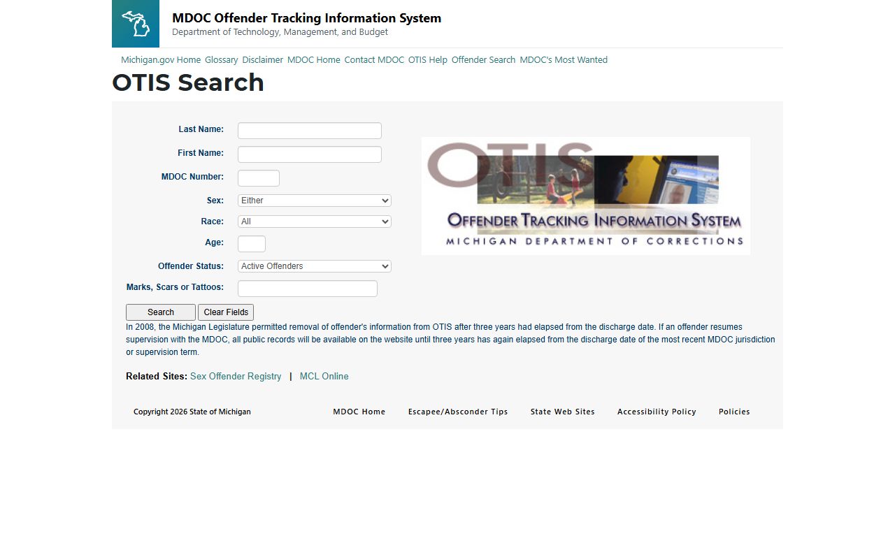 Michigan OTIS released inmates search results example